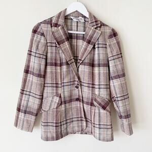 Vintage Jr Things Wool Blazer Size 5 Made in USA 1970s Union Made Plaid Brown